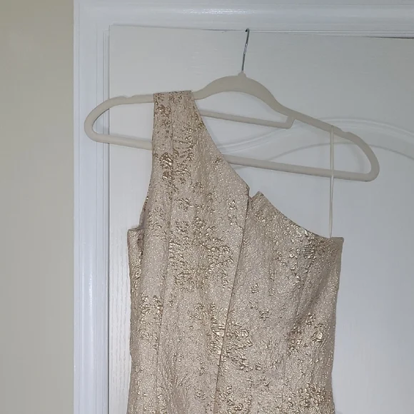 Teri Jon by Ricki Freeman One shoulder Asymmetrical Gold Dress - Picture 5 of 6